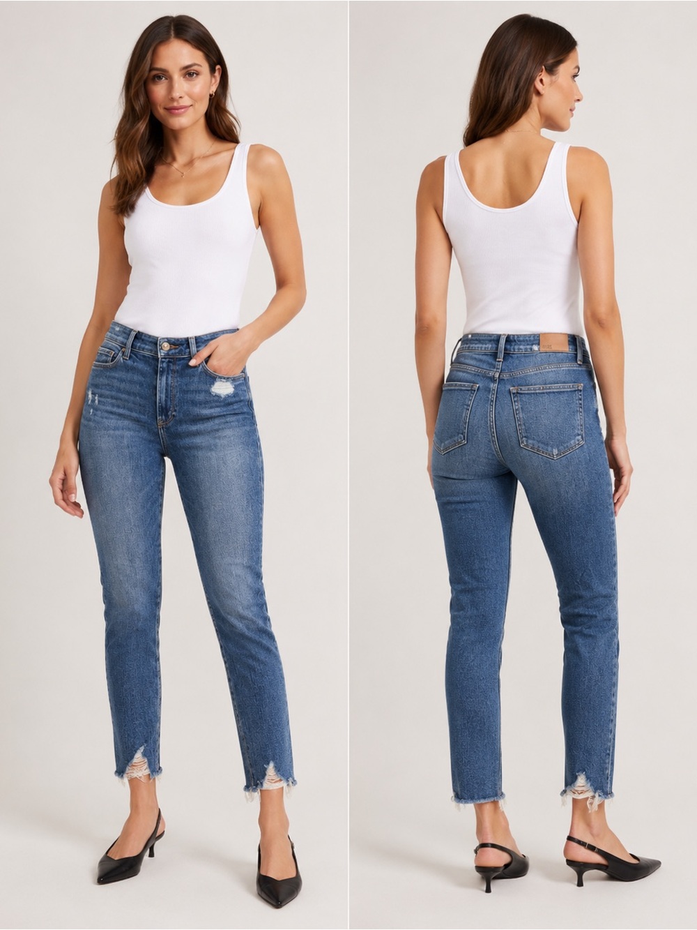 PAIGE Medium Blue Hoxton Ankle Skinny Jeans with Frayed Hem